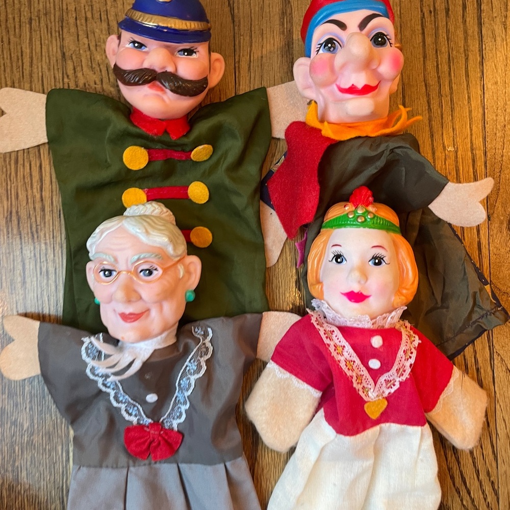 Vintage Hand Puppet Lot 4 Characters Plastic Head Cloth Body 9.5” Theater